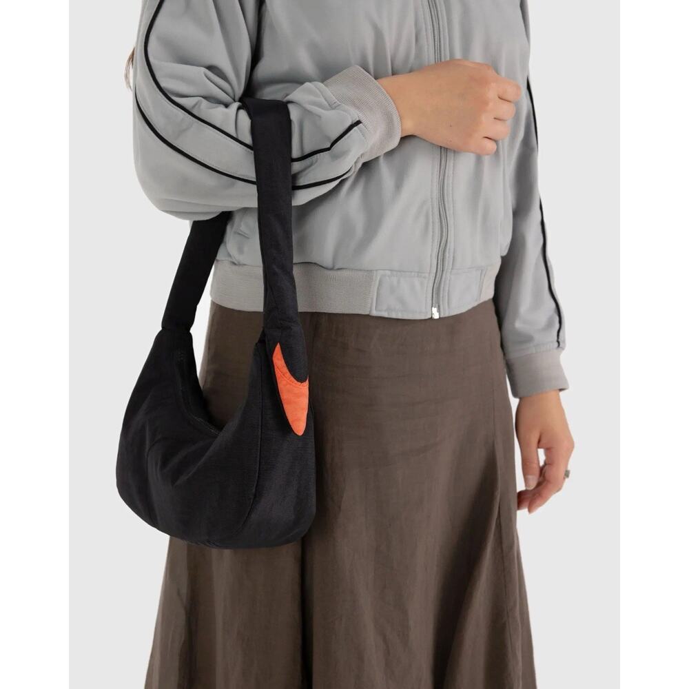 Baggu Swan Bag Black Noir Nylon Shoulder Hobo Handbag Orange Accent New